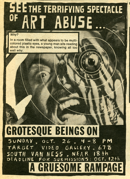 Ad in Damage for Max's first group art show, at Target Video in San Francisco, October 1980